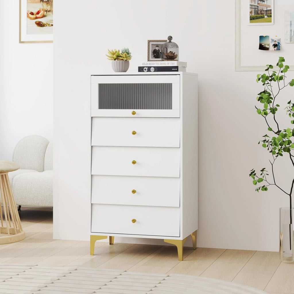 Cassettiera con 4 cassetti e porta in vetro apribile, credenza in legno con gambe in metallo, armadietto da pavimento autoportante con protezione antiribaltamento, moderno mobile da soggiorno