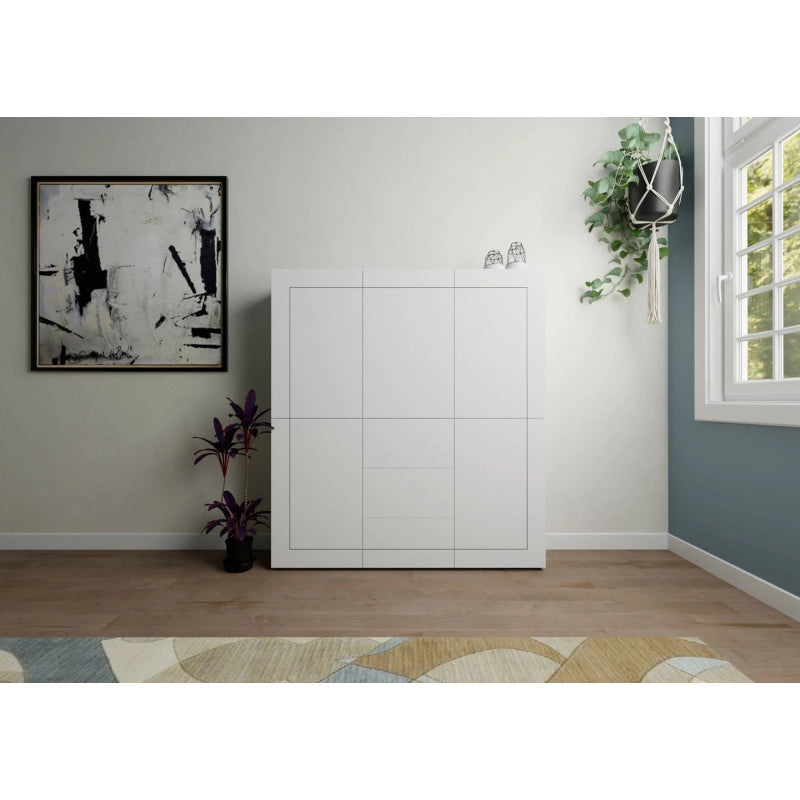 Credenza alta moderna 5 ante/3 cassetti 150x35x165 cm Elios - Bianco Lucido