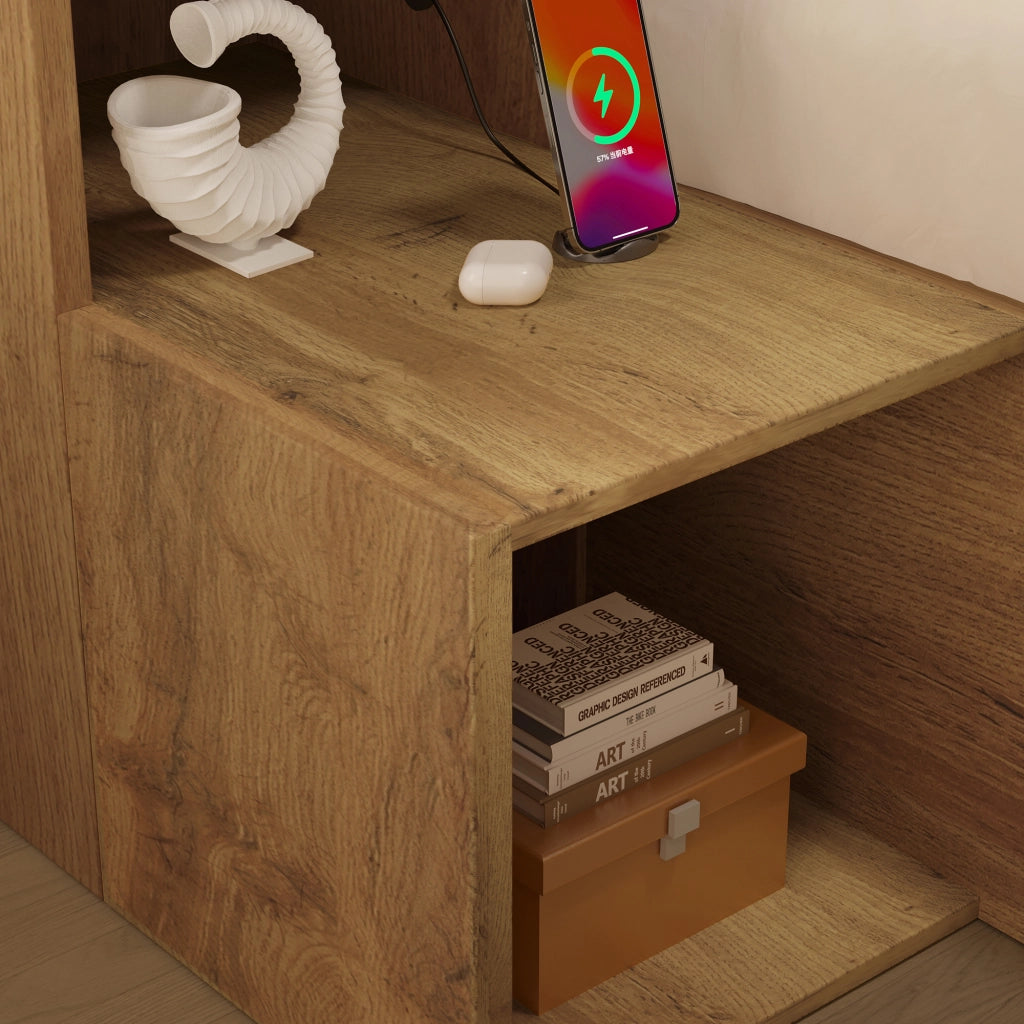 Letto Contenitore 180x200 cm; Letto Matrimoniale con USB; Type-C; LED e Mensole in Rovere