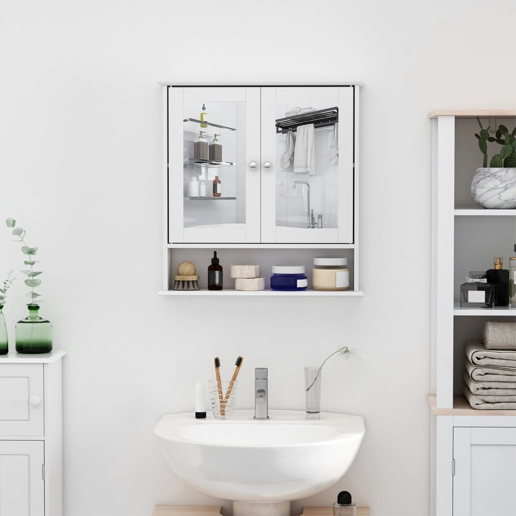 EasyComfort Mobiletto Armadietto a Muro con Specchio da Bagno Cucina in MDF 56 x 13 x 58cm Bianco