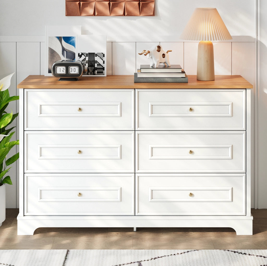 Sideboard in stile country con 6 cassetti; 120 x 40 x 76 cm; bianco e naturale