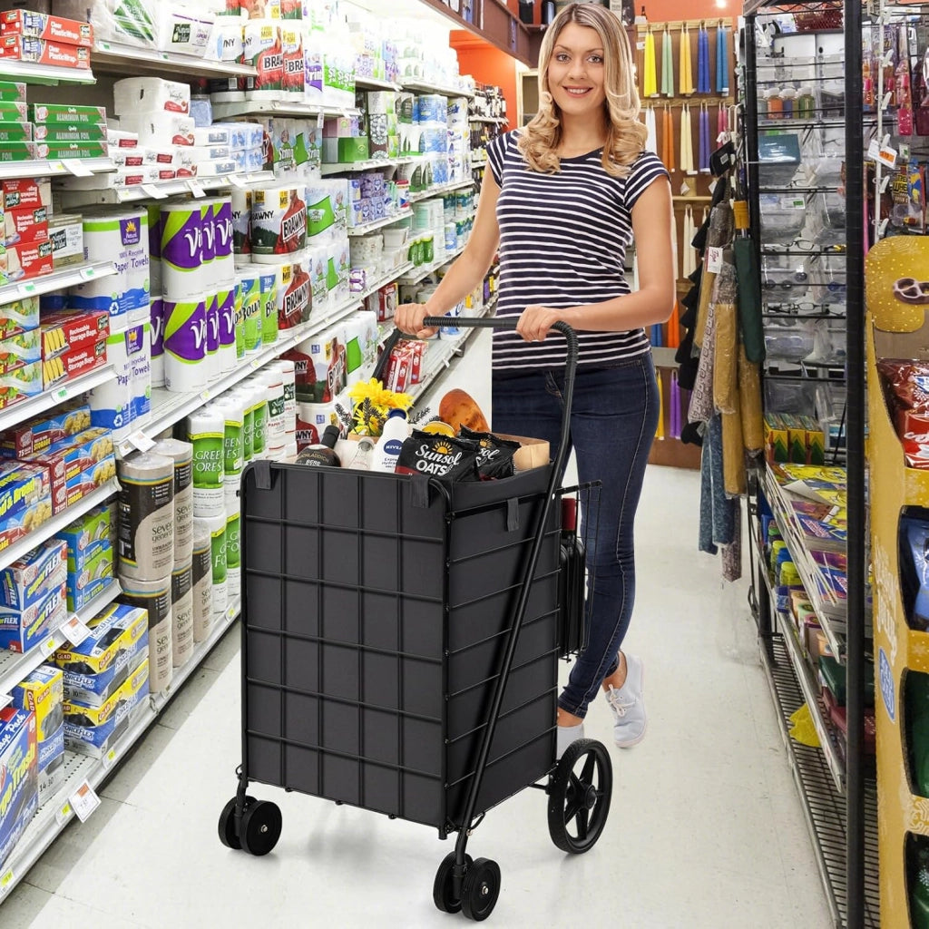 Carrello Portaspesa Pieghevole, Carrello Spesa con Ruote Girevoli a 360° e Borsa Impermeabile Removibile, Capacità di Carico 40 kg, 102L, 61 x 60 x 102 cm