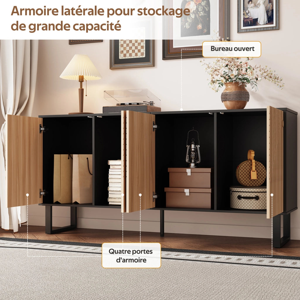 Mobile TV con 4 Ante e Vani Aperti; Frontali 3D a Righe; Stile Moderno; in MDF; 160??38??75 cm; Nero Naturale