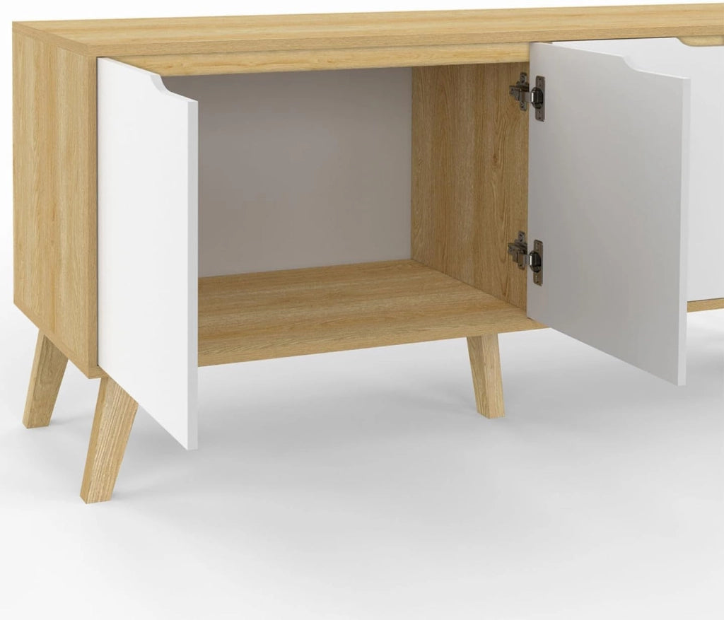Credenza bassa scandinava 140 cm FINN in legno effetto faggio 4 ante bianche