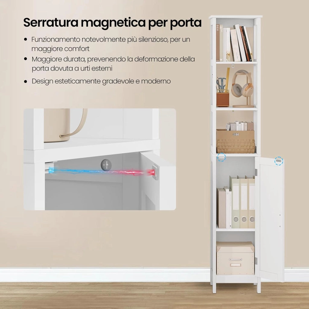 Mobile Alto da Bagno, Mobiletto da Bagno, con 3 Scomparti Aperti, 30x30x163 cm, Portaoggetti, Mobiletto Salvaspazio Stretto, per Bagno, Soggiorno, Studio e Ufficio, Bianco 002WDG