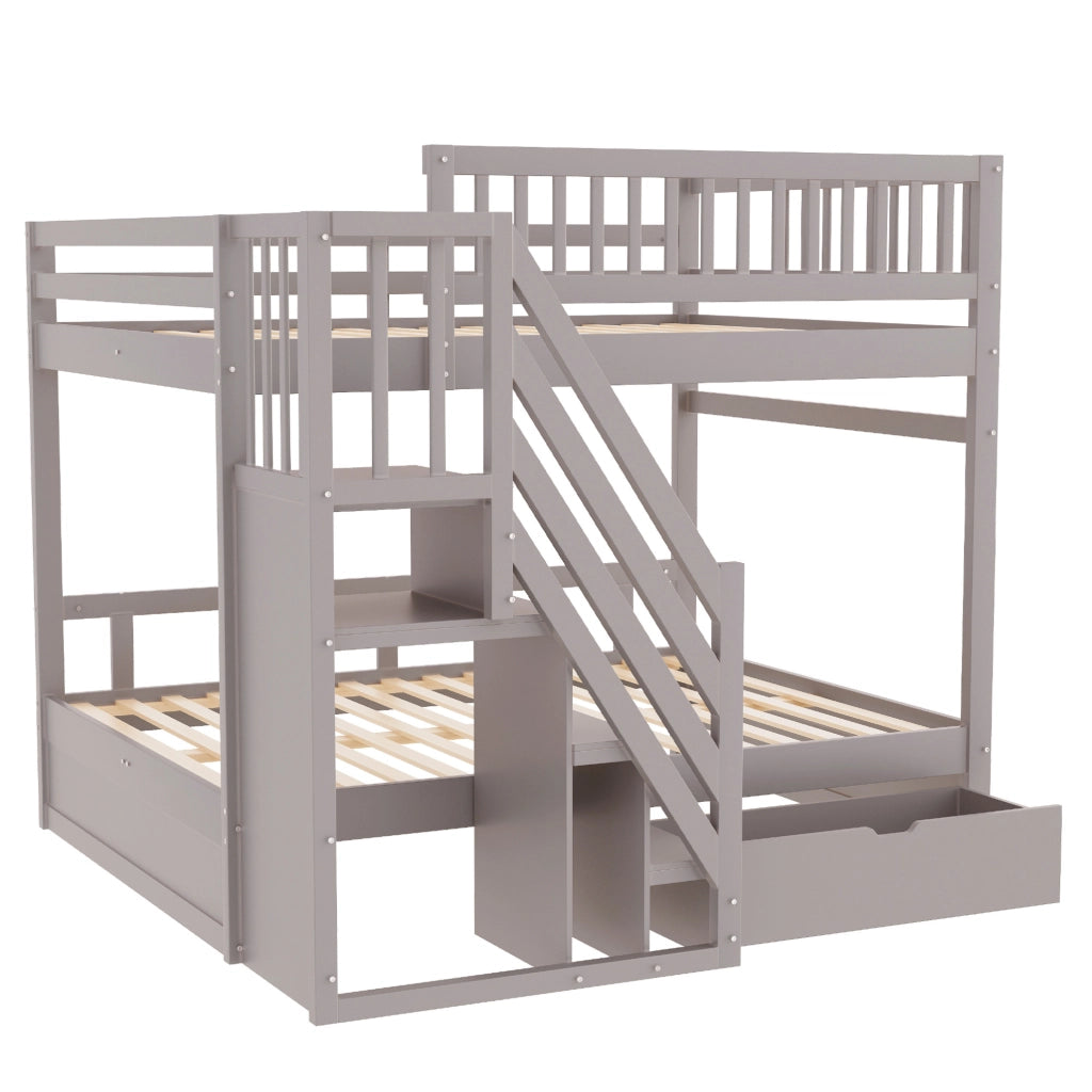 Letto a castello in legno massello 140x200 cm con scala contenitore e cassetti