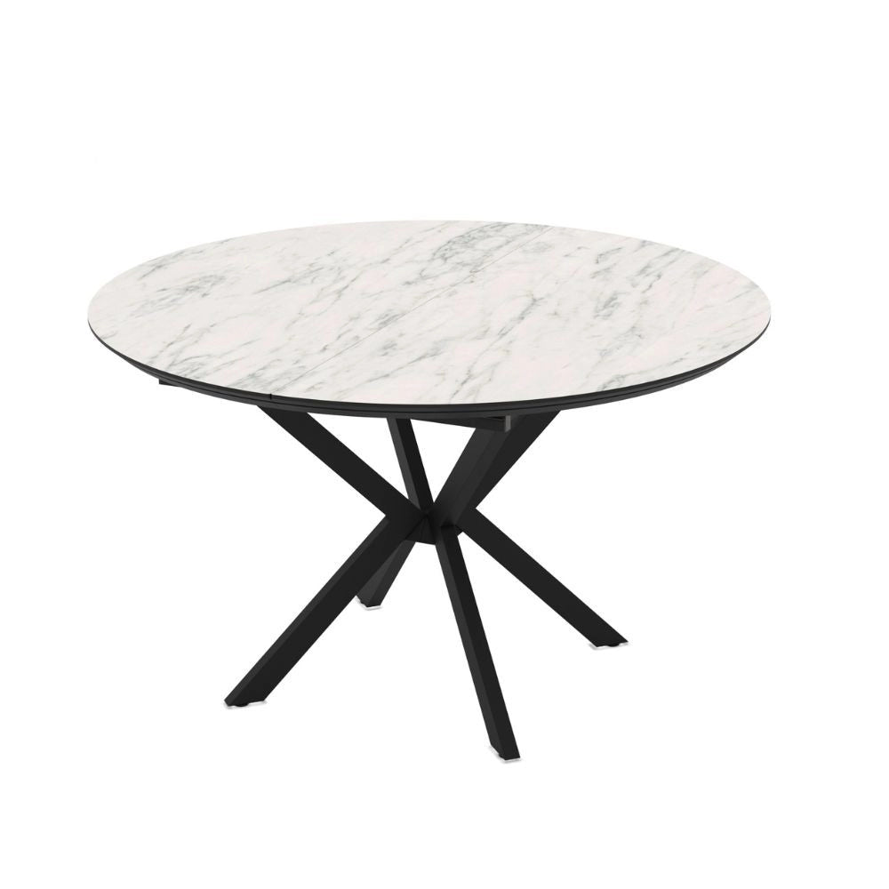 Tavolo rotondo allungabile Dobok piano effetto marmo bianco opaco 126x126x76H con gambe nere
