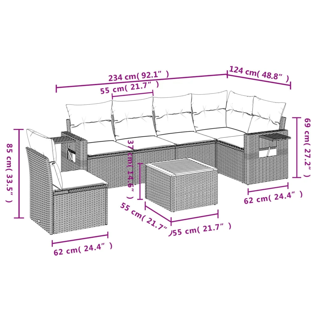 Set Divani da Giardino 7 pz con Cuscini Beige in Polyrattan