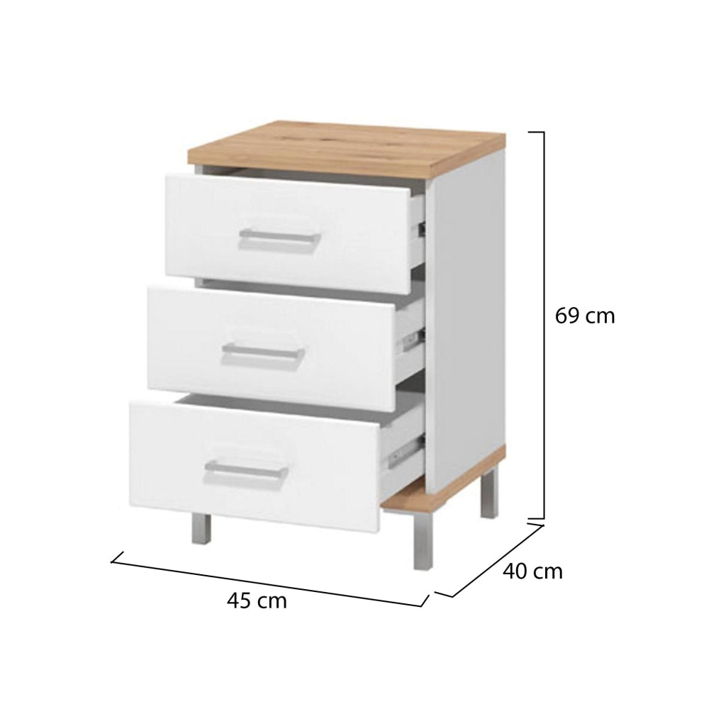 Savino, Comodino 3 Cassetti, 45x40x69h cm Bianco