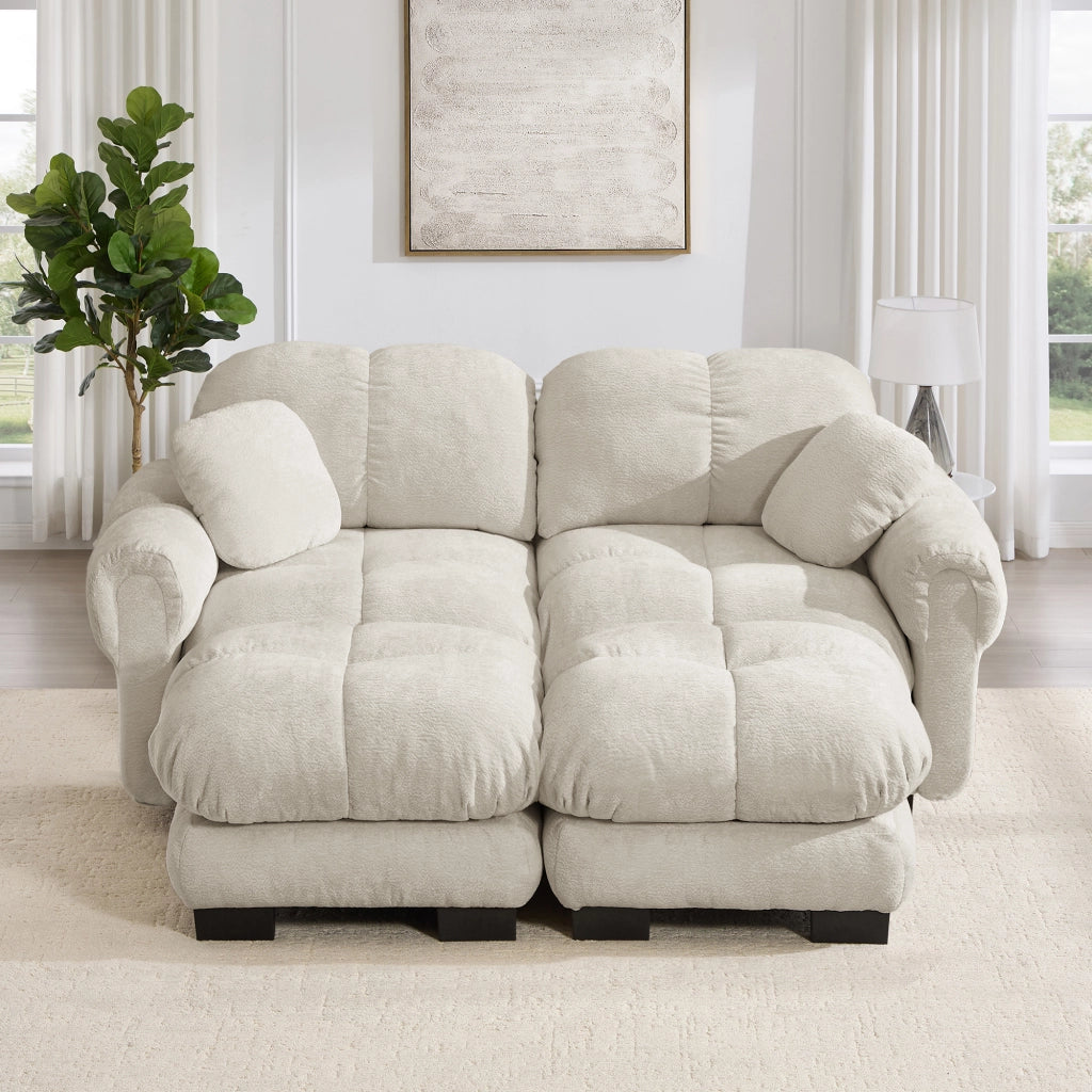 Divano modulare a U in ciniglia con cuscini trapuntati e ottomana mobile beige chiaro 190 × 149 × 90 cm
