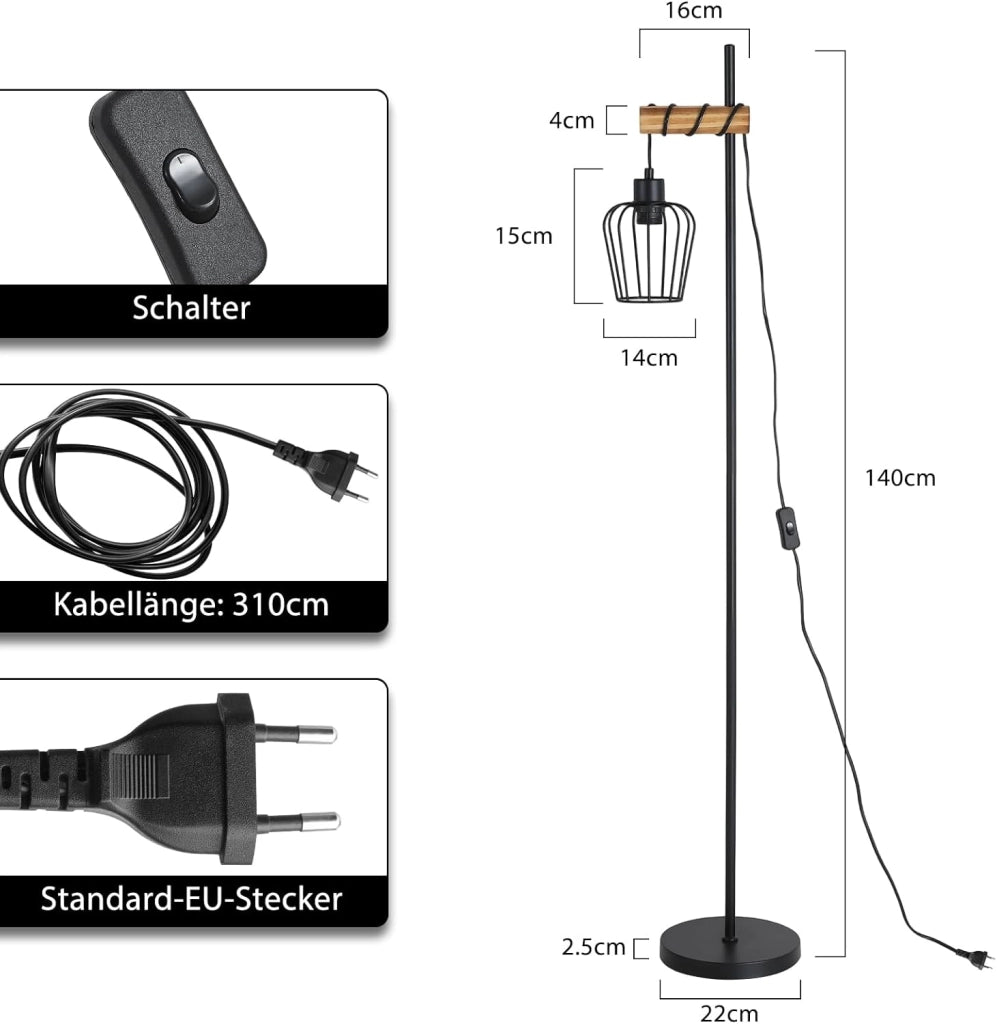 ZMH Lampada da terra vintage legno nera metallo industriale E27 146cm per soggiorno senza lampadina
