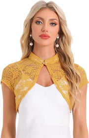 Vestito a bolero con maniche corte per donne; trasparente e elegante per ospiti di matrimoni.