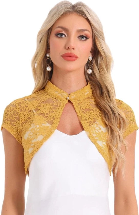 Vestito a bolero con maniche corte per donne; trasparente e elegante per ospiti di matrimoni.