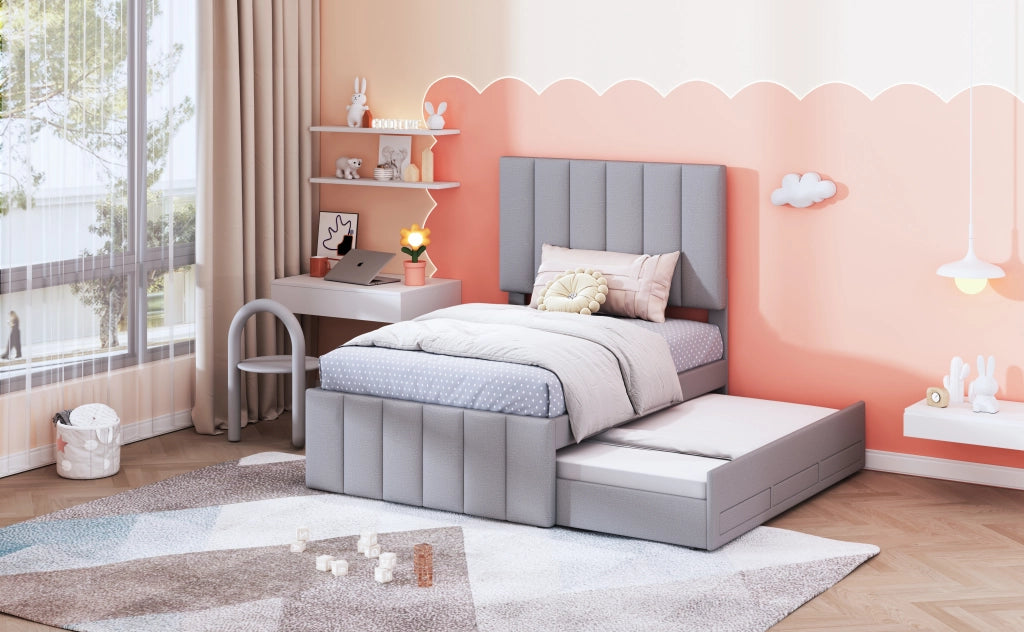 DESMIU Letto singolo 90 × 200 cm con letto estraibile, 3 cassetti, testiera regolabile e senza materasso, grigio