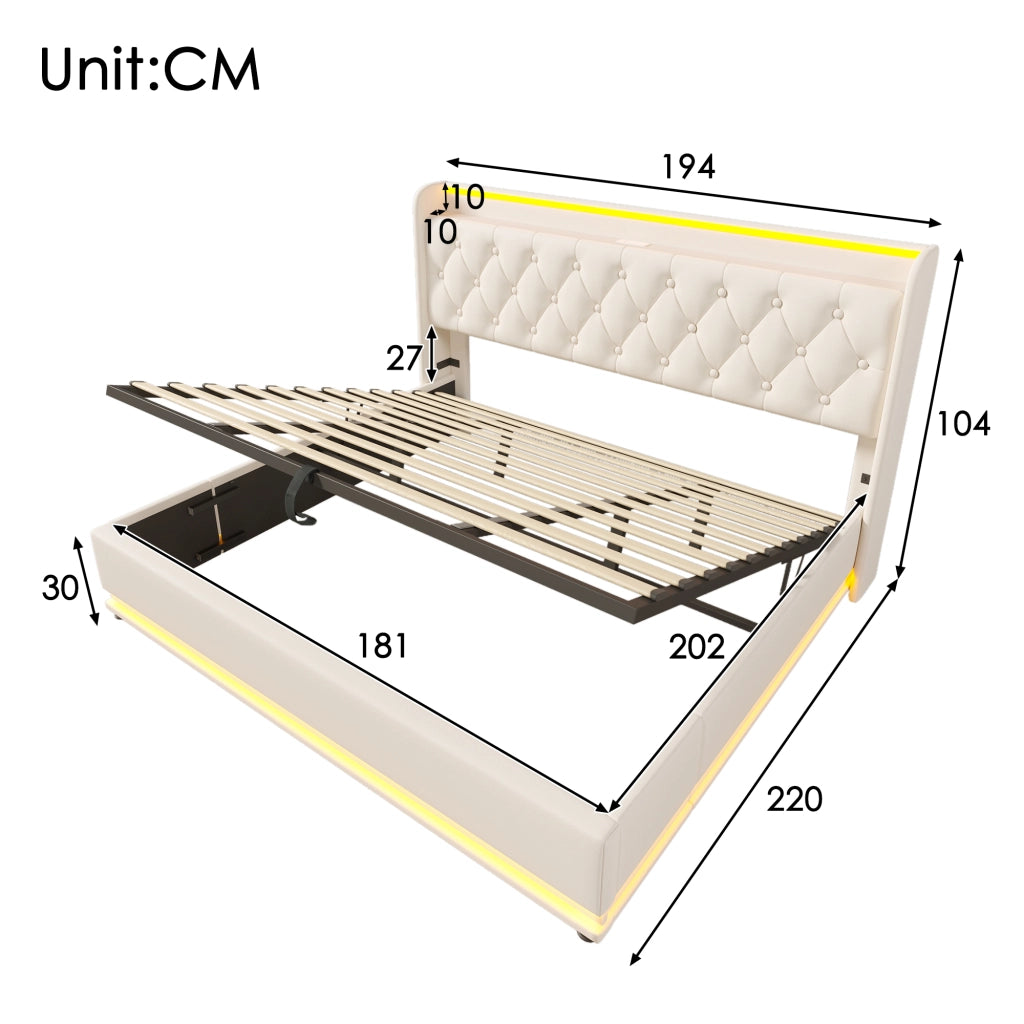 Letto Matrimoniale Contenitore 180x200 cm con LED; USB e Type-C in PU Bianco