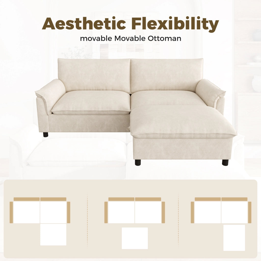 Divano modulare con pouf mobile e contenitore, seduta profonda in ciniglia beige, schienale alto 216 × 77 × 82 cm
