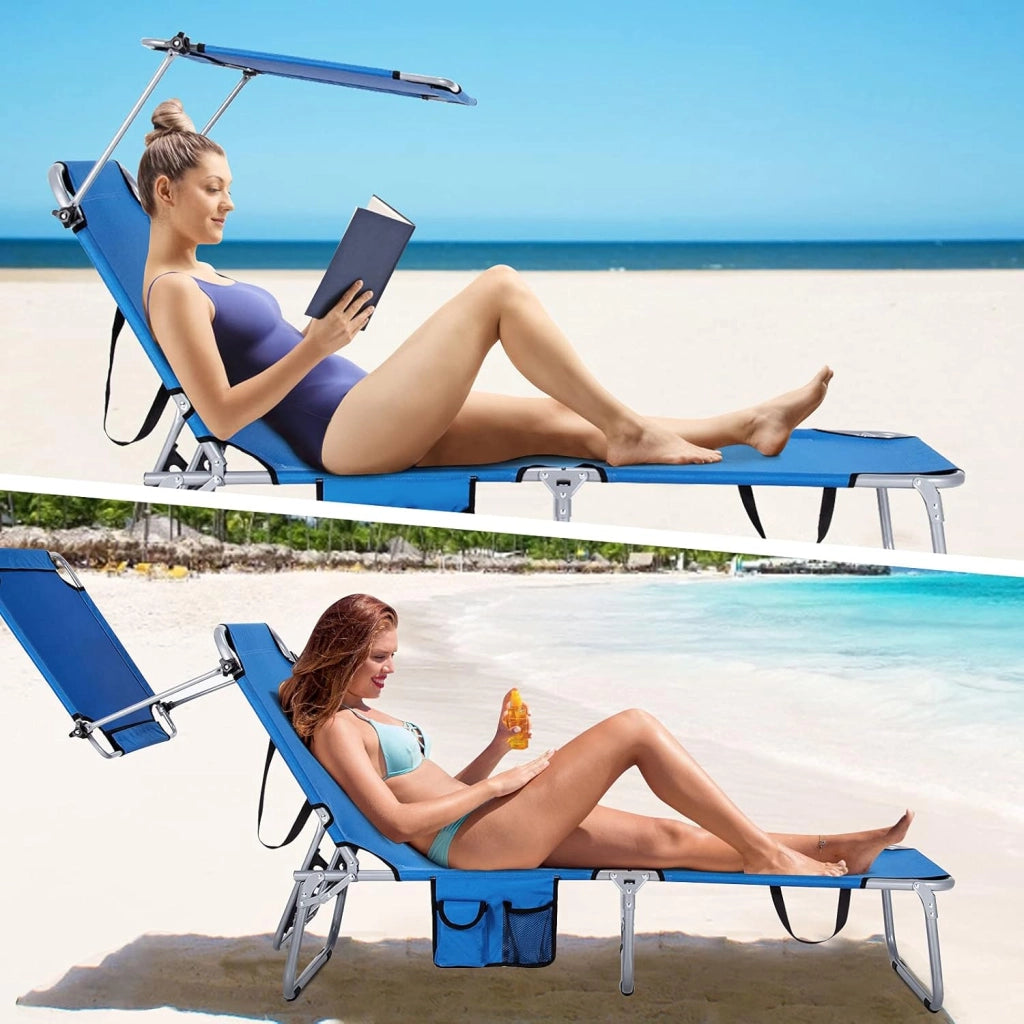 Sedia da Giardino Sdraio Pieghevole Regolabile in 5 Posizioni, Lettino da Sole Reclinabile, Ergonomia con Parasole e Tasca Portaoggetti Laterale, Poltrona da Giardino, 3 Colori (Blue)