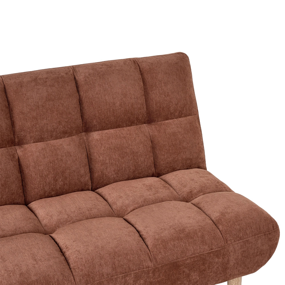 Divano letto marrone dorato rivestito in tessuto con gambe in legno 2 posti schienale trapuntato seduta imbottita design moderno senza braccioli