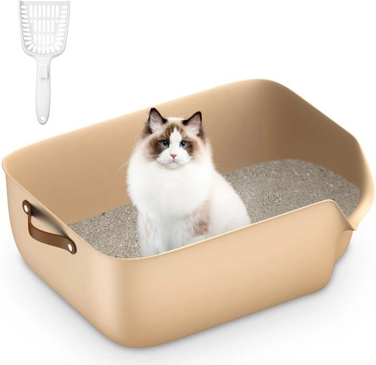 Cassetta per gatti - Cassetta per gatti apribile con maniglia in pelle e cucchiaio per cassetta per gatti gratuito, facile da pulire e progettata per la durata, beige