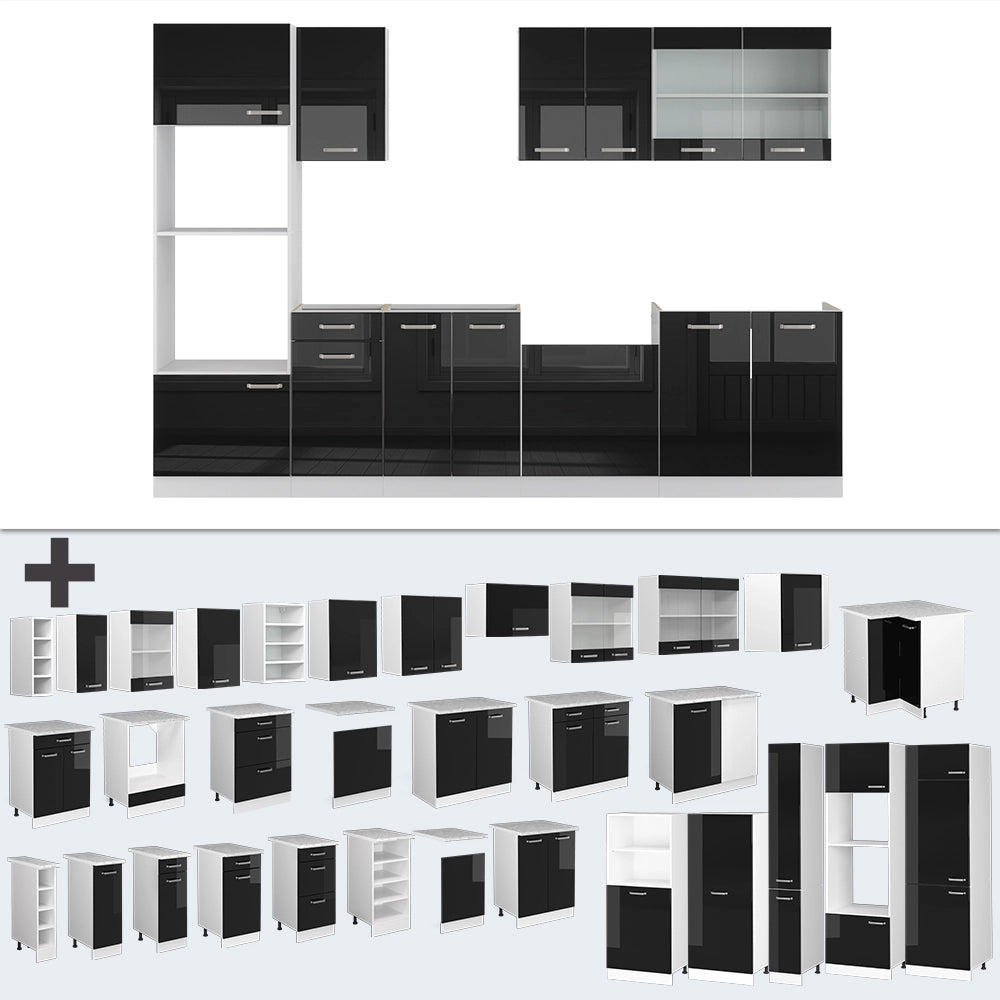 Vicco Cucina componibile Nero lucido 300 cm con armadio alto, PL Marmo