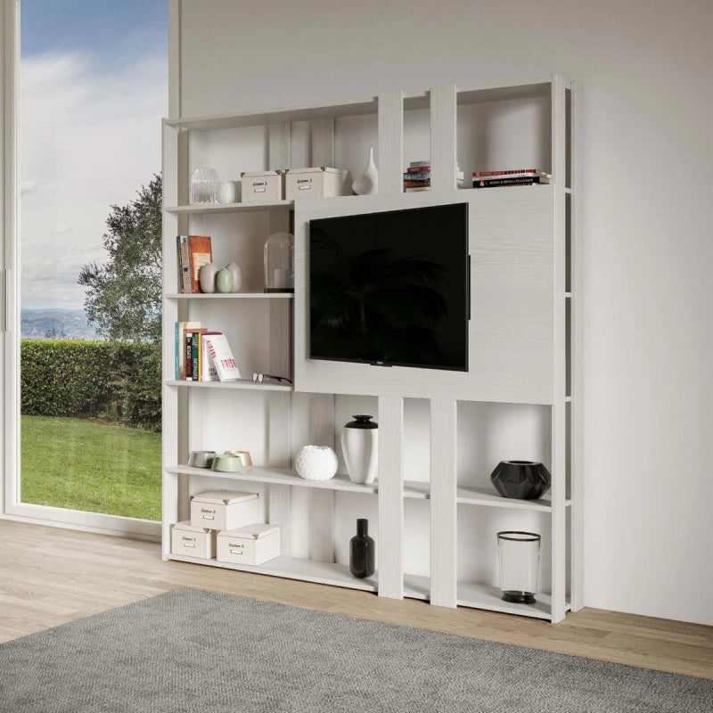 Composizione Libreria Kato 6R 2 fianchi 2 fasce lunghe 2 fasce corte 2 fasce medie pannello TV - Bianco Frassino,N
