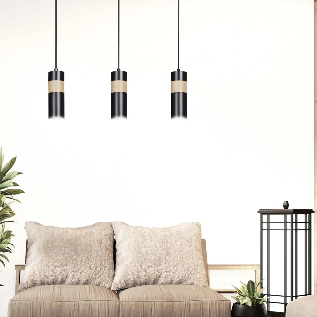 Lampadario 3 Luci Change In Acciaio Nero A Cilindro Con Legno Naturale