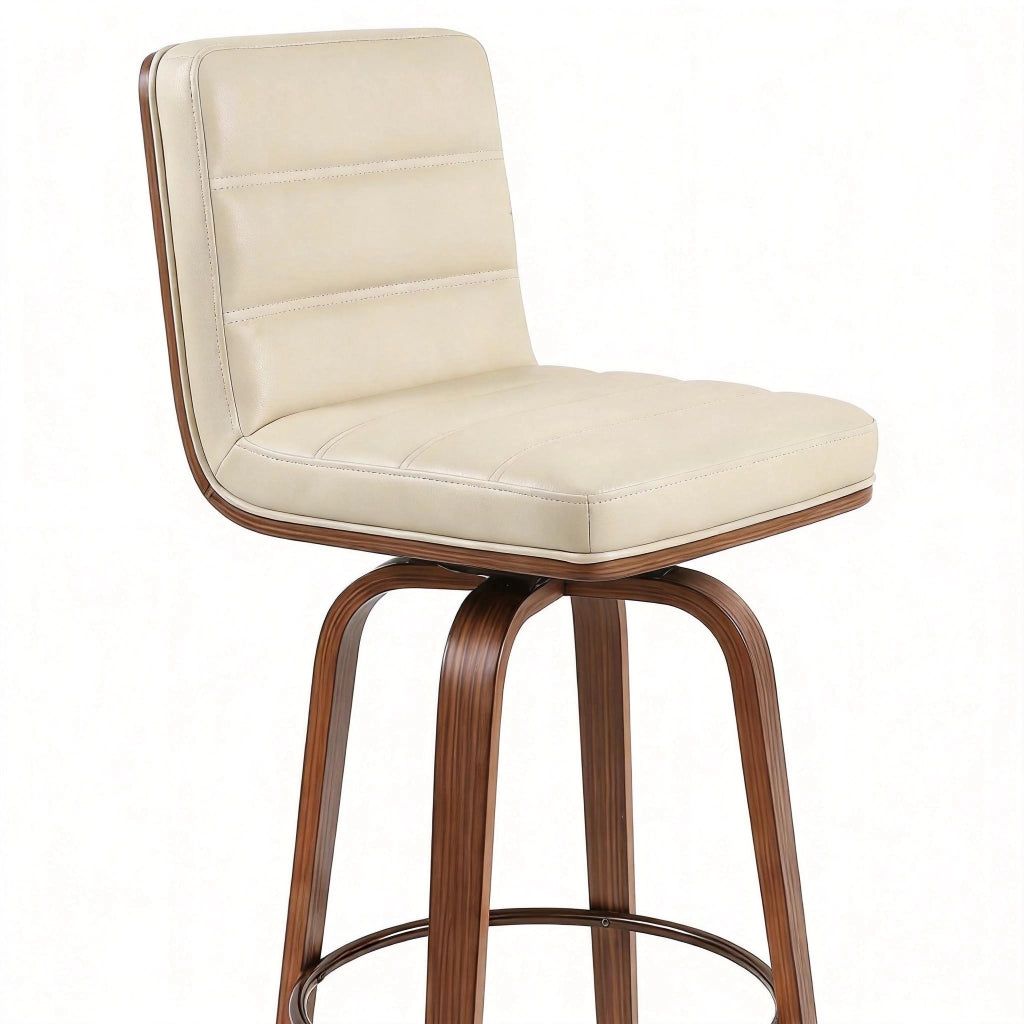 Sgabello da bar in pelle PU con schienale ergonomico, anello poggiapiedi e gambe in legno e metallo, crema