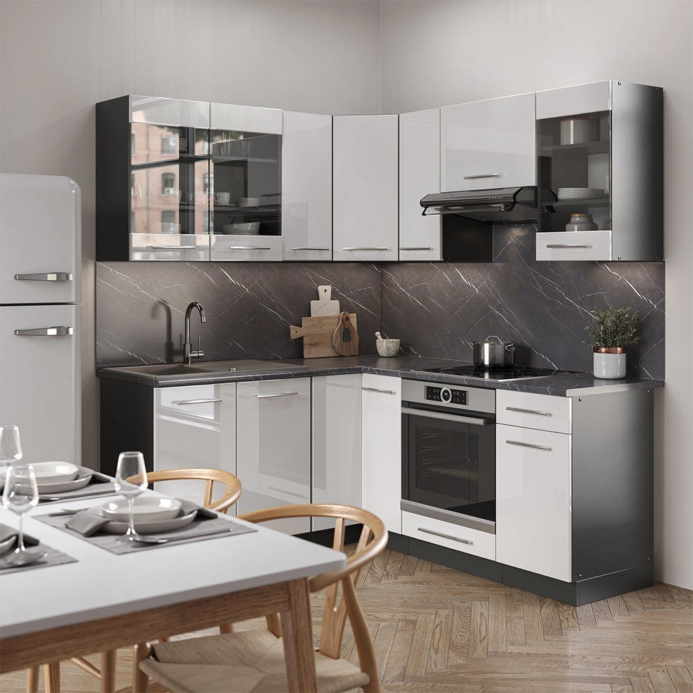 Cucina angolare completa Fame-Line Bianco lucido/Antracite 190 x 60 cm, PL Antracite Vicco