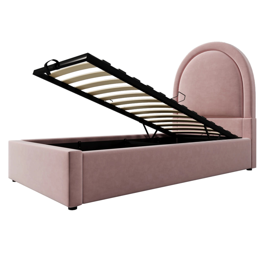 Letto singolo imbottito con contenitore e rete idraulica; 90 x 200 cm; velluto rosa