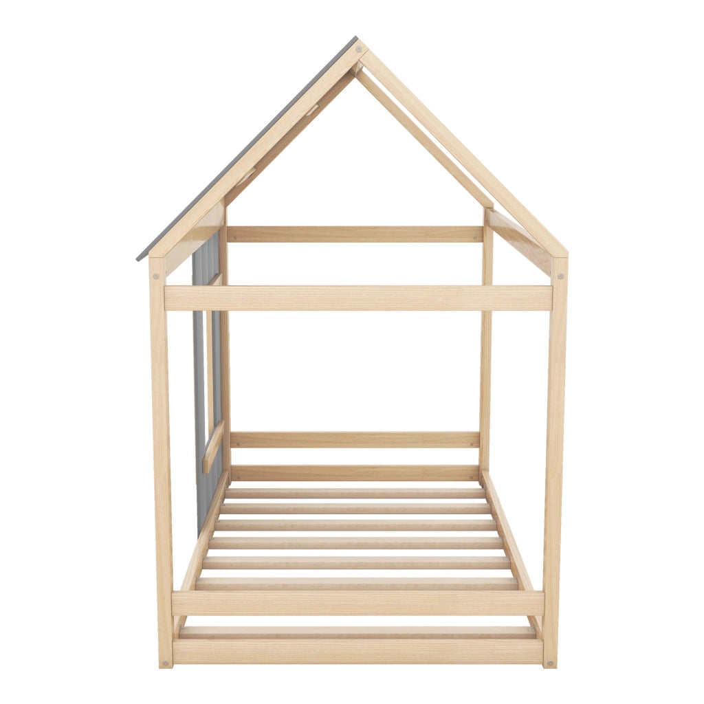 Letto a casetta per bambini 90 x 200 cm in pino e MDF; naturale e grigio