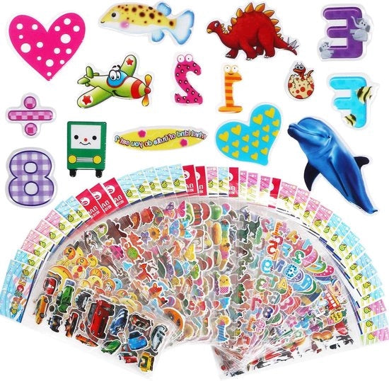Sticker 3D per Bambini - 1000+ Sticker 3D, 40 Diverse Fogli con Animali, Pesci, Numeri, Frutta e Altro