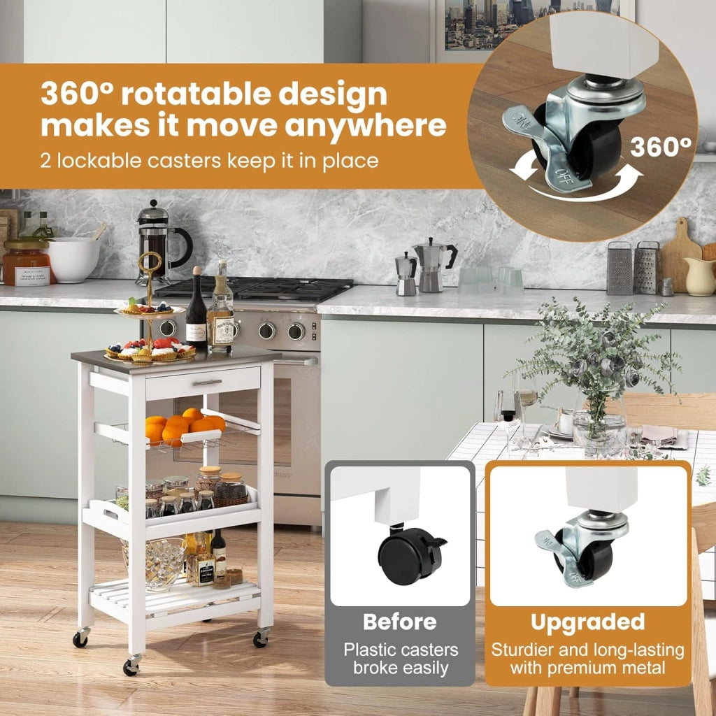 Carrello da Cucina a Rotelle con Mensole, Cassetto, Carrello di Servizio, Stile Moderno per Cucina e Soggiorno, 47x39x85 cm, Bianco/Nero (Bianco)