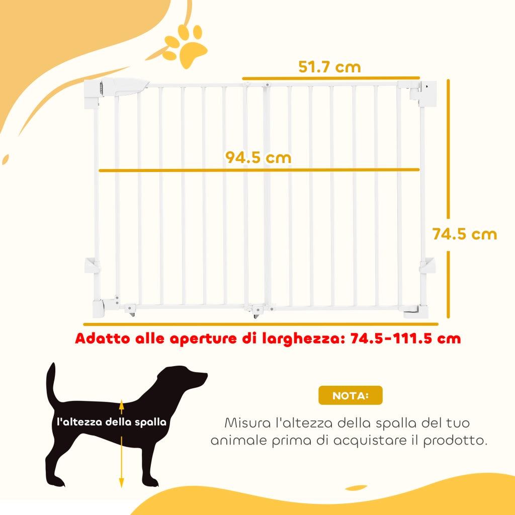 Cancelletto di Sicurezza per Cani. 74.5-111.5x74.5 cm. Scale. Chiusura Automatica. Apertura con Una Mano. Bianco