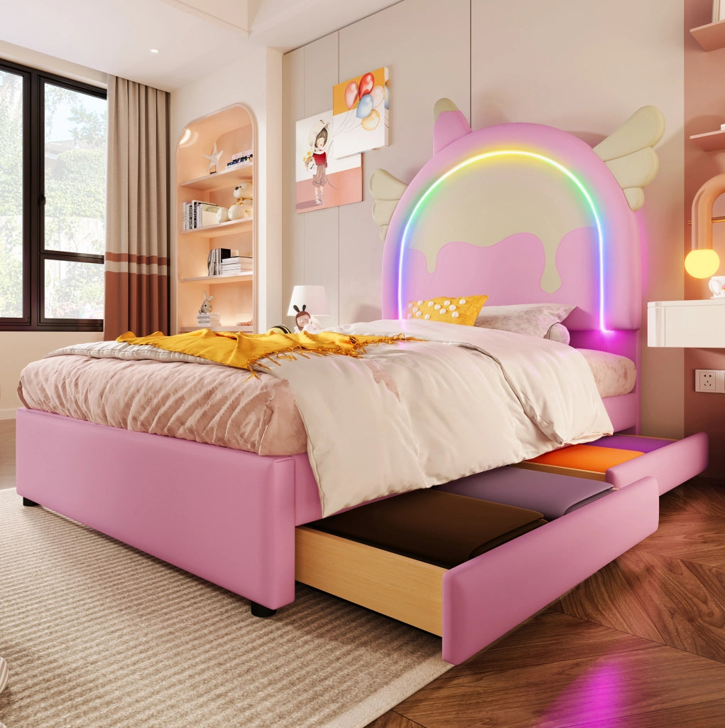Letto imbottito a unicorno con luce e 2 cassetti, 90×200 cm rosa