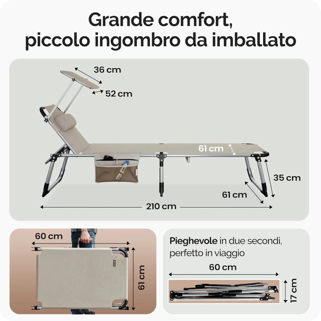 ® Lettino Prendisole Pieghevole Malta 210x61cm con Tettuccio Carico Max. 180kg Sdraio da Giardino Mobili Esterno