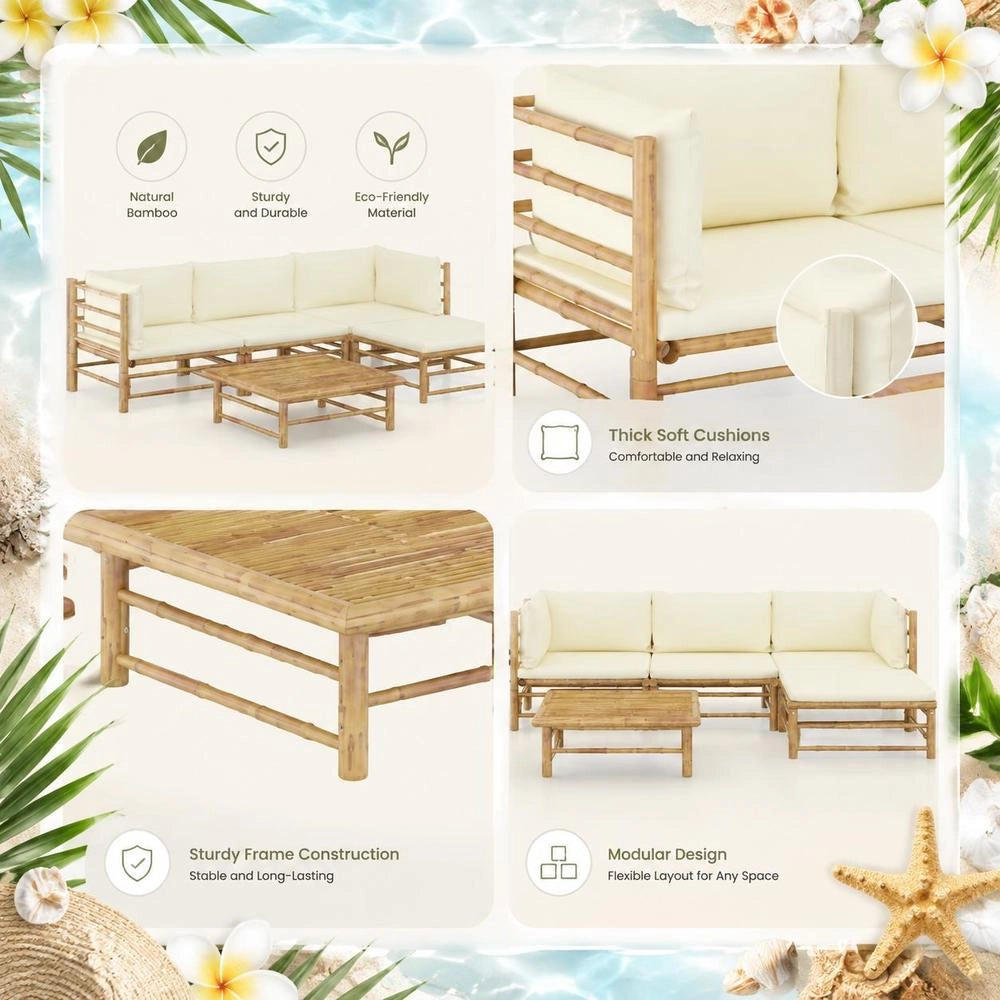 5-piece Garden Lounge Set With Cream-white Bamboo Cushions