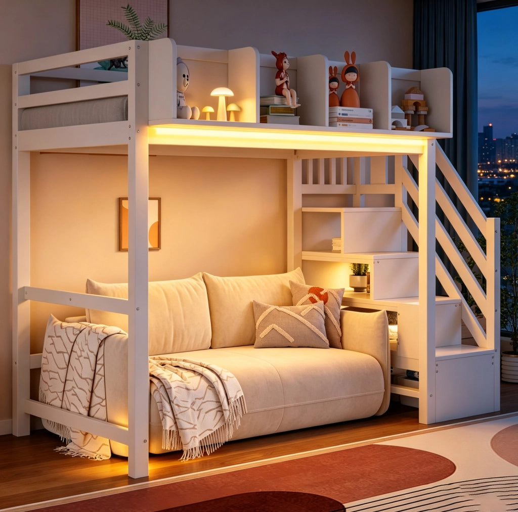 Letto a soppalco 90x200 cm con LED, scaffali laterali e scala contenitiva