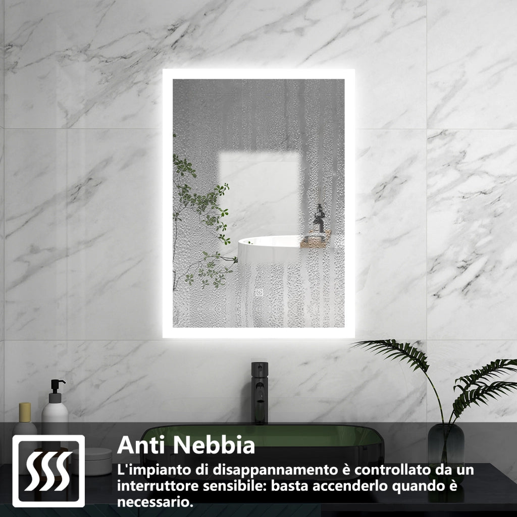 AICA Specchio 70x50cm,3 colori,Memoria, Antifog,Regorabile,Retroilluminato,doppio interruttore