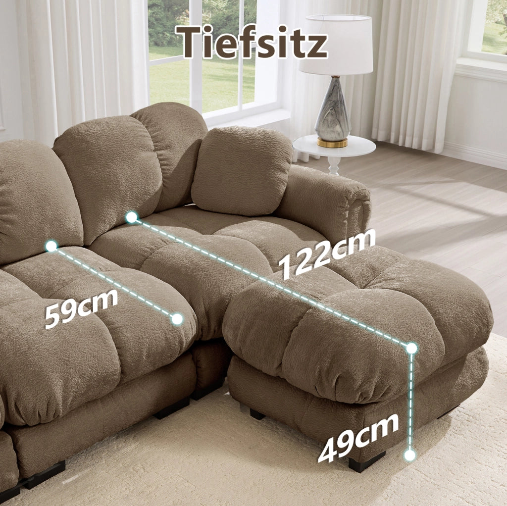 Divano modulare in ciniglia con pouf mobili 330×149×90 cm marrone