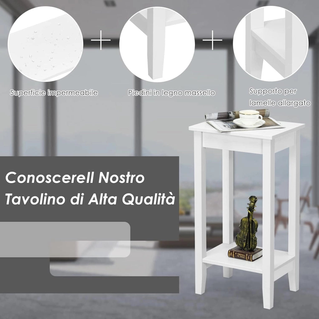 Set di 2 Tavolini da Salotto Alti a 2 Livelli Aperti, Tavolino Comodino in Legno di Pino Massicio, Tavolino Moderno Portaoggetti per Soggiorno e Camera da Letto, 40 x 30 x 73,5 cm (2, Bianco)