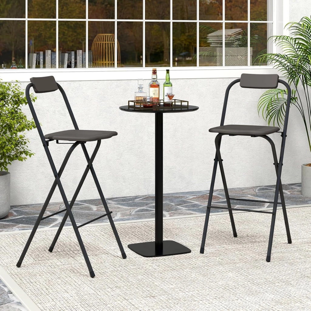 Set di 2 Sgabelli da Bar Pieghevoli, Sedia Alta con Schienale e Poggiapiedi, Struttura in Metallo, per Interno ed Esterno, Portata 150 kg (Grigio)