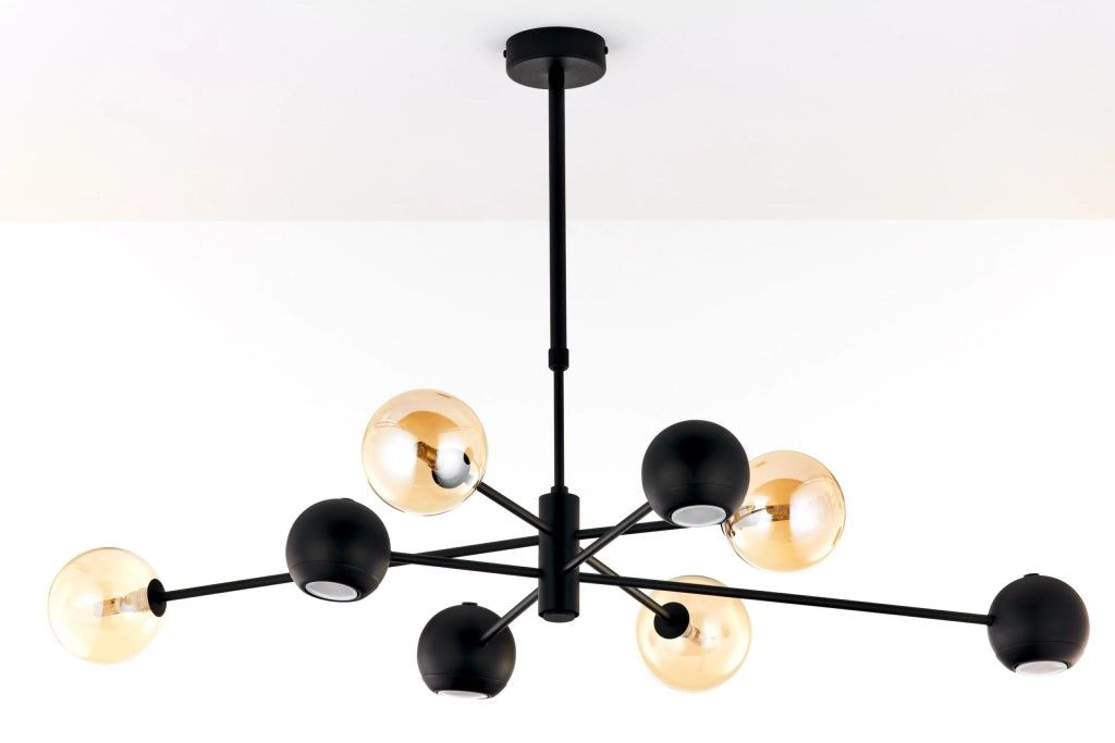 Lampadario moderno nero sfere vetro ambra 8 luci Jupiter