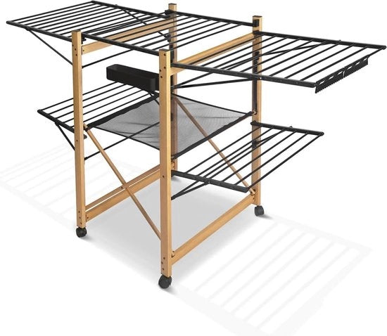 Assecco Uitschuifbaar Droogrek in Standaard Positie - Materiale: Acciaio Inossidabile - Vleugelwasdroger - Pneumatici - Lunghezza di Asciugatura 30 m - Spaziale - Ripiegabile - Dimensioni: 180 x 105 x 61 cm - Finestra in Imitazione di Legno Nero