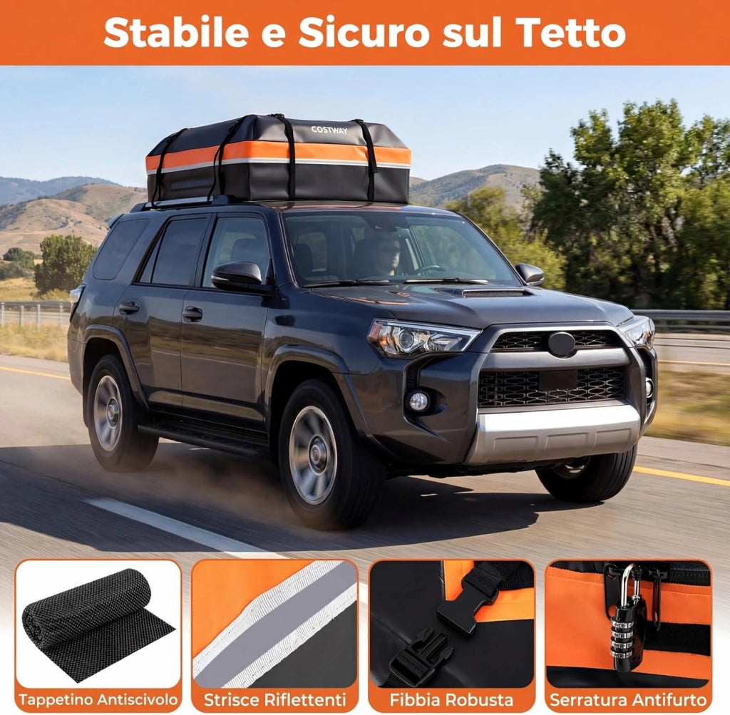 Borsa da Tetto per Auto, Box Portapacchi con Impermeabile e Alta Adattabilità, Baule con Tappetino Antiscivolo, Striscie Riflettenti, Lucchetto e 8 Corde di Fissaggio (450 L,Arancione)