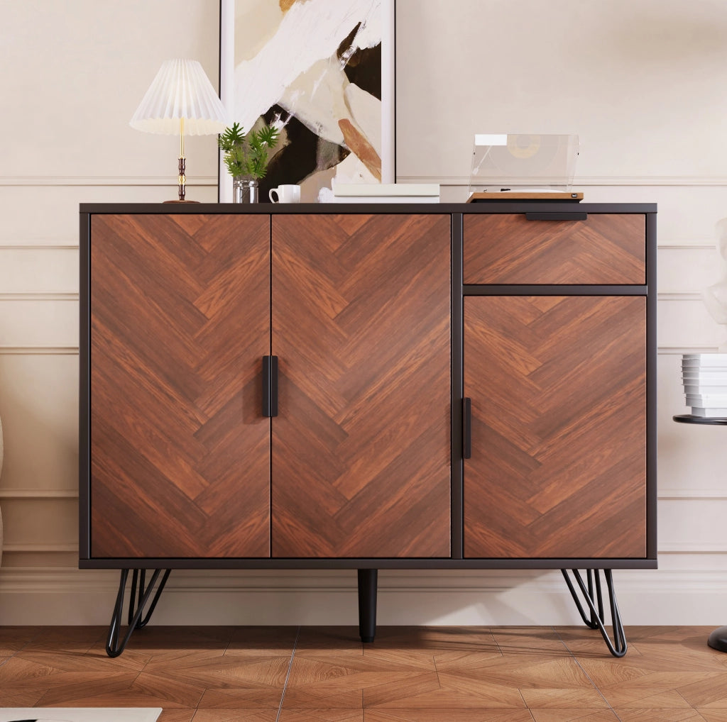 Credenza 90x30x71.5 cm con cassetto e ripiani regolabili in MDF e pannello truciolare nero e naturale