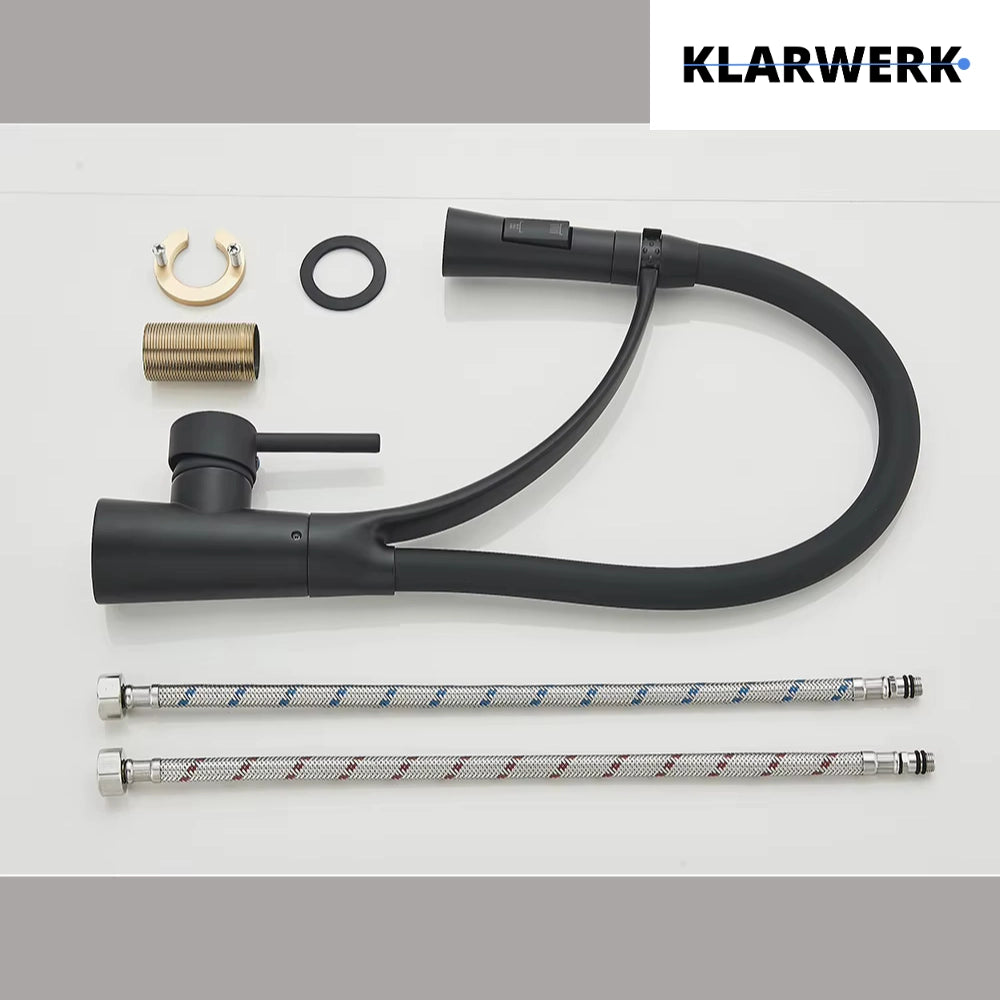 JANA | Rubinetto cucina girevole flessibile in acciaio inox nero opaco|Rubinetto miscelatore arco alto|Rubinetto alta pressione 360° 2 attacchi gastro