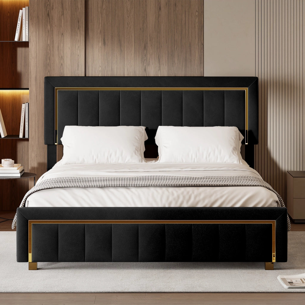 Letto matrimoniale con contenitore idraulico, velluto nero, testiera imbottita con finiture dorate, struttura robusta, dimensioni 160x200 cm, max portata 250 kg