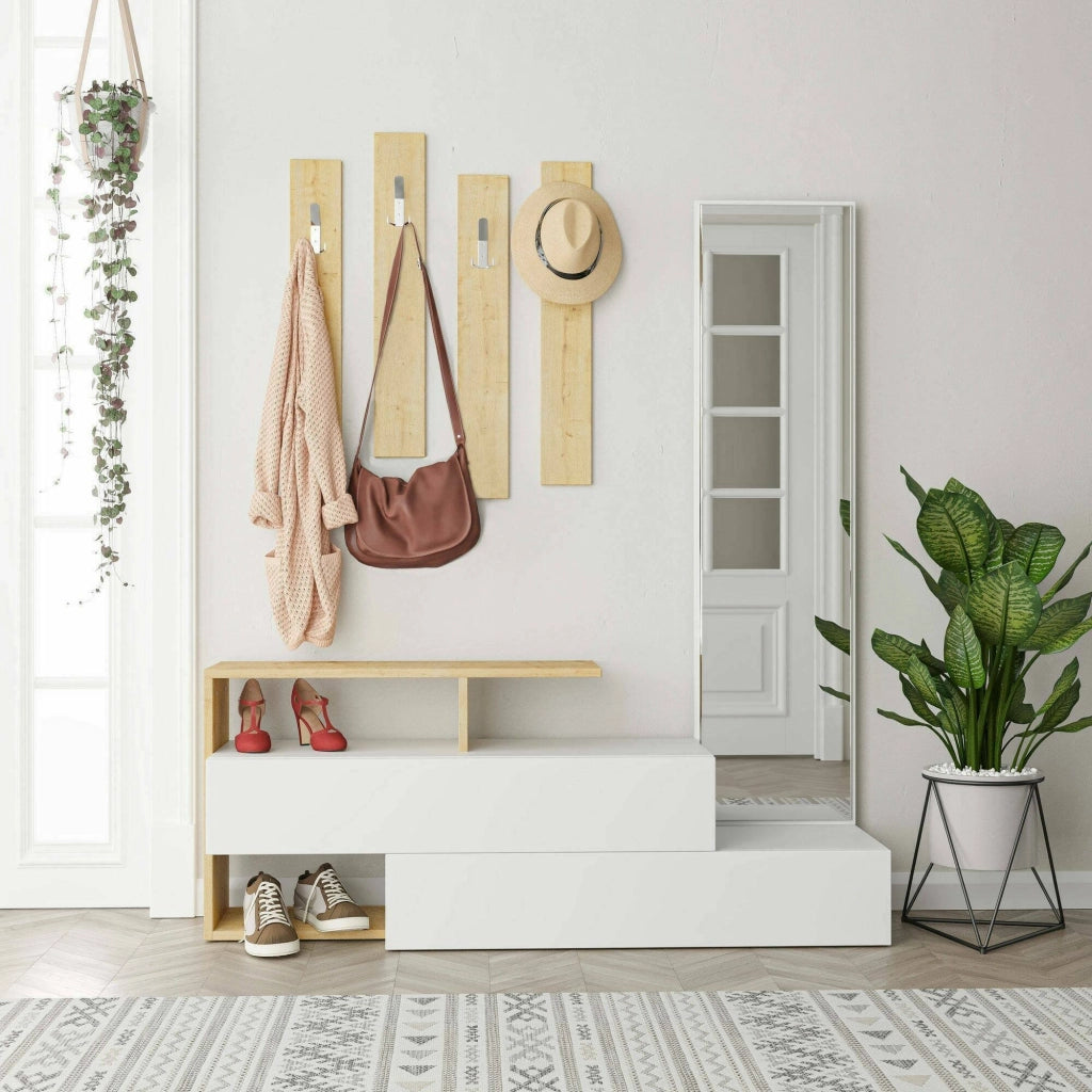 Mobile da ingresso Ascari, Entratina appendiabiti, Composizione per atrio, Consolle portaoggetti multifunzione, 137x35h55 cm, Bianco e Rovere