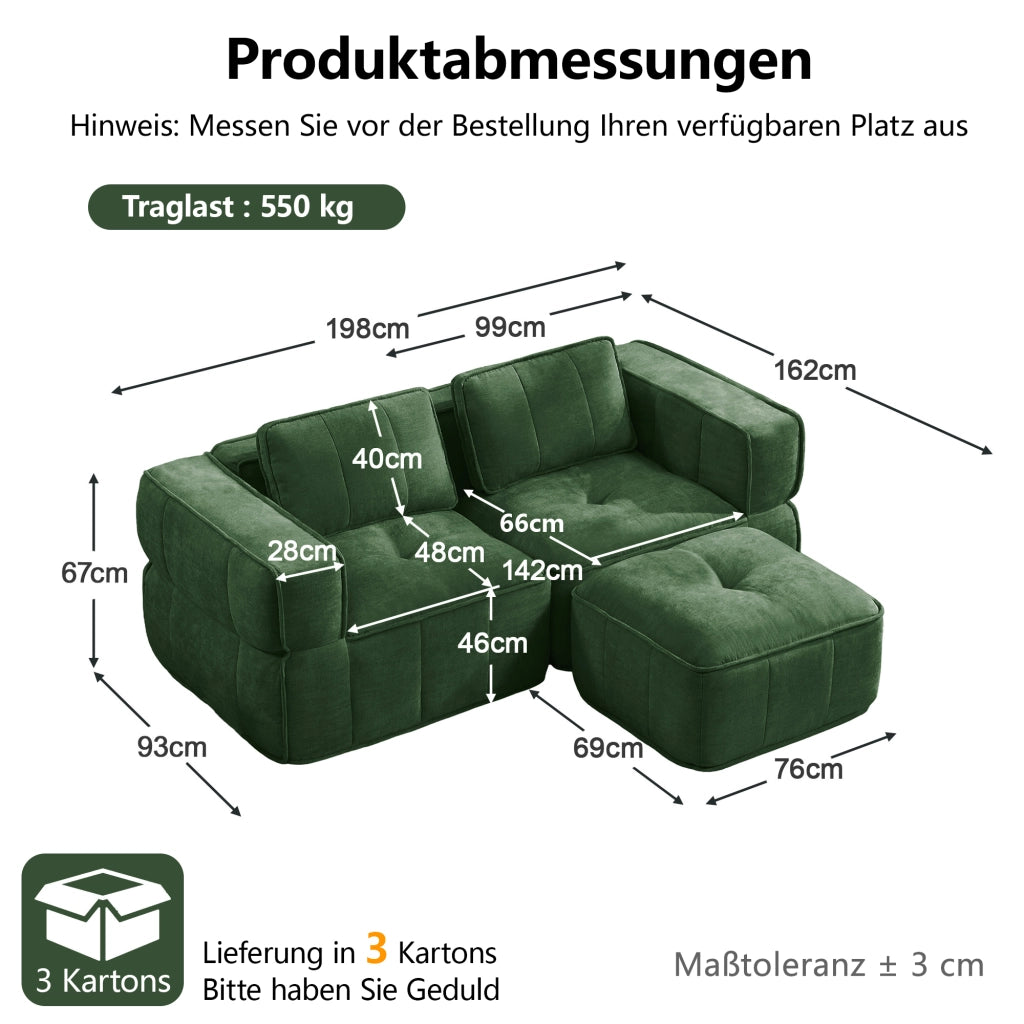 Divano modulare angolare a due posti con pouf in poliestere verde, schiuma 32D e seduta profonda 198 × 162 × 67 cm