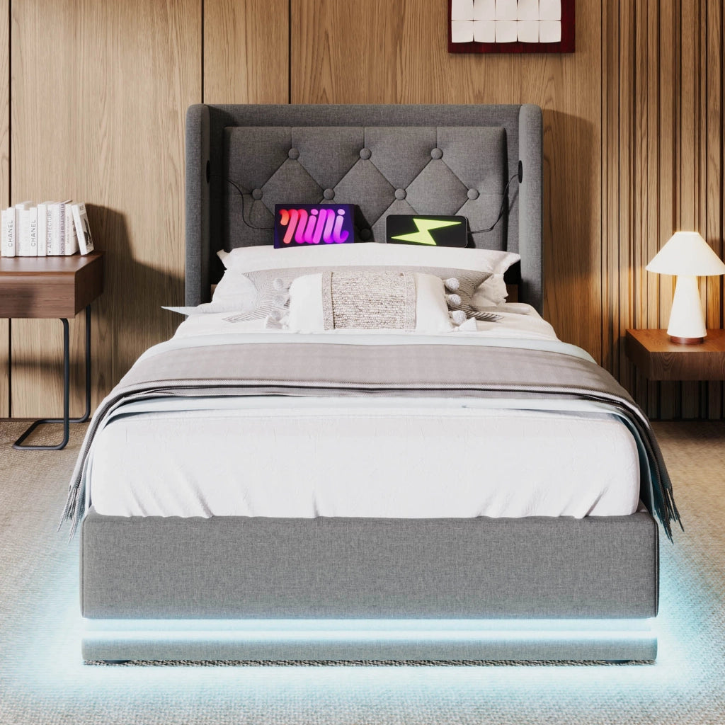 LETTO Contenitore Idraulico 90x200 cm Cotone Grigio con USB e LED